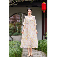 榮西圖（RONGXITU）新中式圓領(lǐng)斜門(mén)襟流蘇設計五分袖套頭連衣裙森女系氣質(zhì)減齡中長(cháng)裙 黃色 均碼