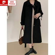皮爾卡丹（pierre cardin）雙面羊毛大衣 中長(cháng)款腰帶長(cháng)袖娃娃領(lǐng)紐扣H版型藏肉羊絨毛呢外套 黑色 S (120斤以下)