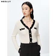 NEELLY納儷春款商場(chǎng)同款氣質(zhì)V領(lǐng)針織衫女撞色綿羊毛開(kāi)衫長(cháng)袖上衣 白色 S