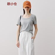 歐小倉(cāng)好比例系列 修飾脖頸線條 馬蹄領(lǐng)短袖T恤 螺紋U領(lǐng)棉質(zhì)T恤 6098 淺灰色 S