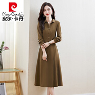 皮爾卡丹（pierre cardin）春秋長(zhǎng)袖連衣裙2024年新款收腰顯瘦感氣質(zhì)遮肚女神范打底裙子 咖綠色 XL