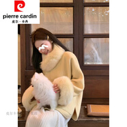 皮爾卡丹（pierre cardin）奶黃色狐貍毛袖口毛領(lǐng)斗篷短款羊毛大衣秋冬風(fēng)衣雙面呢子外套優(yōu)雅 淡奶黃 S