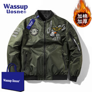 WASSUP UOSNE潮牌ma1飛行員夾克男女款美式大碼棒球服休閑雙面穿飛機刺繡外套 9988J軍綠（加棉款） L （建議105-120斤）