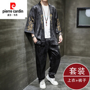 皮爾卡丹（pierre cardin）春季中國(guó)風(fēng)套裝男士漢服復(fù)古風(fēng)潮牌古裝刺繡青年大碼中式唐裝 TZ307黑色衣服+褲子 3XL