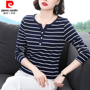 皮爾卡丹（pierre cardin）23年新款長袖打底衫女春秋季新款體恤女士v領(lǐng)紐扣t恤女裝條紋小衫 2096藍(lán)色 2XL 建議130-145斤穿