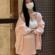FHHUABD2024秋冬女連帽衛衣背心外套一整套女新款甜美高腰抽繩短裙三件套 淺粉色衛衣+短裙+蕾絲背心 ( L  建議115-130斤