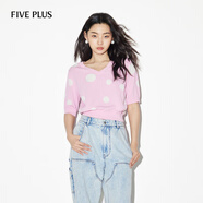 FIVE PLUS針織衫女寬松V領(lǐng)上衣波點(diǎn)短袖套頭衫復(fù)古2024新款女夏裝 粉紅 S