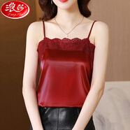 浪莎（LangSha）真絲吊帶背心女內(nèi)搭蕾絲拼接緞面雪紡上衣夏季寬松外穿打底衫 酒紅色【301】 XL 105-115斤
