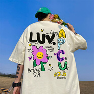 大魚(yú)界線（dayujiexian）潮牌多巴胺穿搭T恤夏季高街小領(lǐng)口5分袖240g重磅男款落肩短袖男 杏色 S