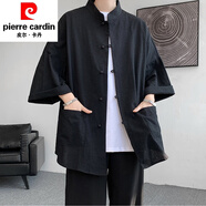 皮爾卡丹夏季長款防曬外套漢服男裝長衫居士服道袍長袍亞麻禪意素衣套裝 黑色短袖亞麻套裝 3XL (約165至185斤可穿)