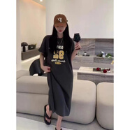 上流匯2025年夏季連衣裙做舊數(shù)字圖案寬松韓范單側開叉休閑百搭恤長裙 灰色(高品質) 均碼 均(80-130斤拍)