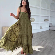 歐美風夏季新款時尚立體花朵吊帶大擺蛋糕連衣裙Sling sexy DRESS 軍綠色 L