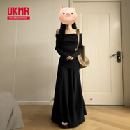 UKMR2025新款一字肩針織連衣裙子女秋冬季韓系慵懶風(fēng)穿搭一整套裝長裙 黑色套裝【御姐風(fēng)情萬種裙子/圣 M 45/55kg