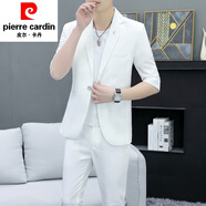 皮爾卡丹夏季小西裝男套裝薄款中袖休閑西服韓版修身短袖外套潮男痞帥春秋 9530白色中袖套裝 (西服+褲子+白 2XL 適合：135-150斤