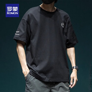 羅蒙（ROMON）純棉短袖男夏季港風(fēng)型男上衣男40支雙紗高品質(zhì)寬松百搭刺繡t恤男T 091黑色T恤 XL 碼 適合145-160斤
