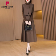 皮爾卡丹（pierre cardin）馬甲三裝毛呢長袖連衣裙女春秋冬貴夫人闊太太媽I媽洋 咖色(三件套) XL 適合116-125斤