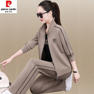 皮爾卡丹（pierre cardin）高端條紋運(yùn)動(dòng)套裝女春秋媽l媽外套減齡寬松跑步服休閑三件套 3019卡其(三件套)高品質(zhì) L【適合100-112斤】