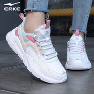 鴻星爾克（ERKE）女鞋運動(dòng)鞋女冬季款跑步鞋女士休閑鞋復古老爹鞋紅星皮面跑步鞋子 爾克白/霧霾淺藍/粉刷灰 35