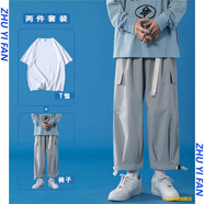 主意范（ZHUYIFAN）肥佬胖大碼男裝240斤工裝褲子男夏季薄款束腳闊腿垂感寬松休閑褲 淺灰色+白色T恤 L 110-130斤
