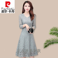 皮爾卡丹品牌高檔女裝 減齡貴夫人蕾絲連衣裙2022年新款春裝女人味長(cháng)袖秋裝氣質(zhì)洋氣裙子針織 淺藍色 2XL