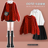 法丹雅（FADANYA）法丹雅新年過(guò)年衣服套裝女冬季紅色針織連衣裙2025新款百褶裙三件 黑毛呢百褶裙 S