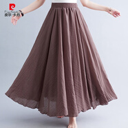 皮爾卡丹（pierre cardin）150小個子半身裙夏季新款文藝寬松棉麻松緊腰A字長裙純色褶皺大擺 深粉 95CM【建議120-160斤】