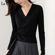 拉夏貝爾（La Chapelle）圍裹交叉綁帶V領(lǐng)針織衫秋冬氣質(zhì)時(shí)尚修身顯瘦百搭打底毛衣女 純100自動(dòng)發(fā)熱黑色 純100自動(dòng)發(fā)熱3XL 建議125-135斤