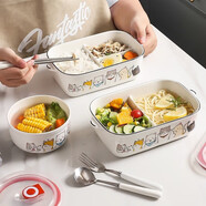 微光里分格陶瓷飯盒微波爐加熱上班族帶蓋可愛卡通學(xué)生保鮮碗方形便當(dāng)盒 雙耳三格陶瓷飯盒【卡通貓】1L