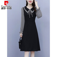 皮爾卡丹娃娃領(lǐng)格子連衣裙女春秋2025年新款大號女裝法式時(shí)尚氣質(zhì)修身裙子 黑色 4xl