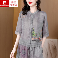 皮爾卡丹（pierre cardin）復(fù)古中國(guó)風(fēng)女裝夏季新款休閑棉麻兩件裝款夏裝時(shí)尚亞麻闊腿褲針織 灰色上衣 M