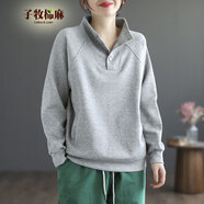 子牧棉麻秋裝新款 女韓版百搭帶帽子衛衣寬松遮肚子百搭長(cháng)袖上衣8654 9962灰色  L(建議105-115斤)