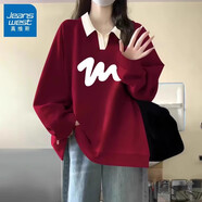 真維斯（JEANSWEST）黑色翻領(lǐng)polo長(cháng)袖衛衣女春秋百搭外套2025新款寬松美式慵懶風(fēng)上衣 酒紅 簡(jiǎn)單波浪白 XL