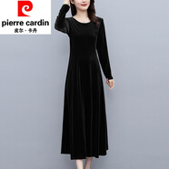 皮爾卡丹秋冬新款金絲絨連衣裙女高貴洋氣圓領(lǐng)長(zhǎng)袖氣質(zhì)長(zhǎng)款大號(hào)長(zhǎng)裙子春裝 黑色 2XL (建議130-145斤)