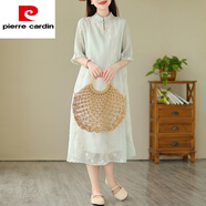 皮爾卡丹（pierre cardin）新中式立領(lǐng)盤(pán)扣改良旗袍裙女夏季胖m|m寬松大尺碼高端苧麻刺繡連 淺藍色 L(建議110-125斤)