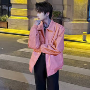 POUM韓式男裝PU皮衣夾克潮牌vintage痞帥高街機車(chē)服設計感青少年外套 XKFS-J318粉色 常規 XL