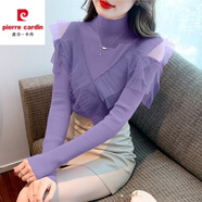 皮爾卡丹羊毛針織衫女半高領(lǐng)露肩毛衣秋冬新款網(wǎng)紗感時尚洋氣打底衫潮 紫色 XL 建議105-115斤