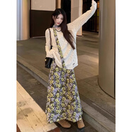 沐霓法式碎花吊帶套裝連衣裙子女開春季云南旅游穿搭長裙2025新款夏季 米色毛衣開衫