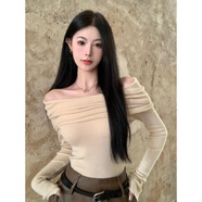 CTOX溫柔鎖骨一字肩粉色針織衫女裝秋裝毛衣打底衫黑色一字領(lǐng)露肩上衣 杏色 M