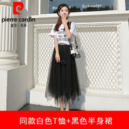 皮爾卡丹（pierre cardin）紗裙半身裙女夏季2024新款不規(guī)則黑色小個子網(wǎng)紗蓬蓬半身長裙針織 黑色套裝 (裙長80厘米) XL