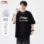 李寧（LI-NING）短袖男女同款t恤潮流圓領(lǐng)休閑棉春夏季印花舒適透氣半袖棉打底衫 新標準黑（大LOGO-100%棉） M (170)