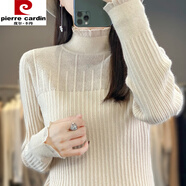 皮爾卡丹（pierre cardin）2024秋新款女式針織衫歐根紗鏤空荷葉花邊領(lǐng)毛衣女修身百搭打底衫 米色 S