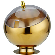 三洽餐廳商用不銹鋼斜口沙拉碗 彩色桌面球形臺料碗 KTV水果碗 金色（帶座帶蓋） 20cm