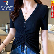 啄木鳥V領(lǐng)短袖冰絲針織衫T恤女夏季新款抽繩系帶修身緊身時尚短款上衣潮 黑色 XL 建議115-125斤