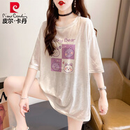 皮爾卡丹大d碼冰絲短袖t恤女中長(zhǎng)款2025夏季韓版寬松亮閃閃薄款上衣體·桖 白色 XXL