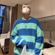 衣然呈品黑白條紋毛衣男秋冬慵懶復(fù)古情侶加厚外套寬松簡(jiǎn)約保暖男士針織衫 藍(lán)色 M【建議95-110斤】