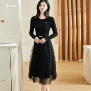 米思陽(yáng)（missshine）2024冬季新款優(yōu)雅氣質(zhì)黑色連衣裙波點(diǎn)植絨網(wǎng)紗針織裙子3526 黑色 2XL