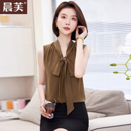 晨芙職業(yè)無(wú)袖V領(lǐng)襯衫女夏季高級感西裝內搭背心打底衫上衣雪紡白襯衣 咖啡色襯衫(0085蝴蝶結款) L 建議100-108斤