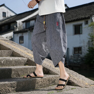 華天牧夏季棉麻休閑褲男士七分褲中國風(fēng)提花褲子寬松大碼哈倫褲7分褲胖 KK109灰色 2XL 建議130-155斤可穿