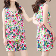 夏季防凸點(diǎn)荷葉邊睡衣女棉綢套裝寬松大碼無(wú)袖短褲家居服裝兩件套 【遮胸款】009-5-彩繪花 2XL 建議105-120斤