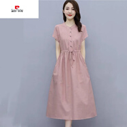 皮爾卡丹（pierre cardin）高檔中年婦女麻料顯瘦遮肚子減齡氣質(zhì)棉麻連衣裙女2022新款夏季時(shí) 粉紅色(關(guān)注店鋪優(yōu)先發(fā)貨) L(建議101-115斤)